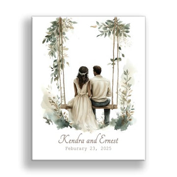 Personalized Wedding Canvas Art – Bride and Groom Swinging on Rope Swing with Foliage, Customizable Names and Wedding Date – Perfect Wedding Sign, Gift Table Sign – 14x11 or 16x20 inches, Made in USA