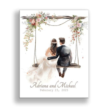 Personalized Wedding Canvas Art – Bride and Groom Swinging on Rope Swing with Foliage, Customizable Names and Wedding Date – Perfect Wedding Sign, Gift Table Sign – 14x11 or 16x20 inches, Made in USA
