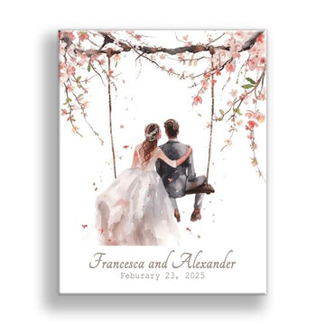 Personalized Wedding Canvas Art – Bride and Groom Swinging on Rope Swing with Foliage, Customizable Names and Wedding Date – Perfect Wedding Sign, Gift Table Sign – 14x11 or 16x20 inches, Made in USA
