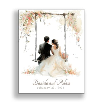 Personalized Wedding Canvas Art – Bride and Groom Swinging on Rope Swing with Foliage, Customizable Names and Wedding Date – Perfect Wedding Sign, Gift Table Sign – 14x11 or 16x20 inches, Made in USA