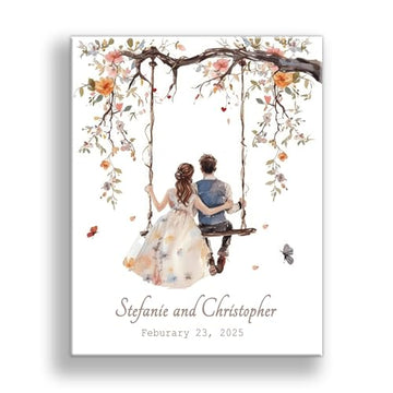 Personalized Wedding Canvas Art – Bride and Groom Swinging on Rope Swing with Foliage, Customizable Names and Wedding Date – Perfect Wedding Sign, Gift Table Sign – 14x11 or 16x20 inches, Made in USA