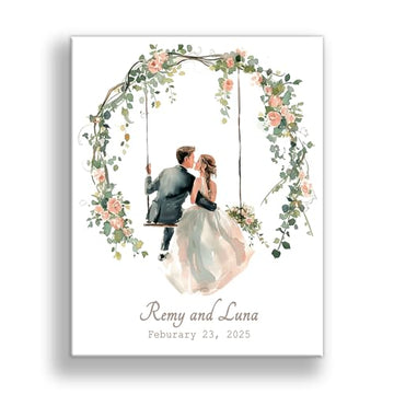 Personalized Wedding Canvas Art – Bride and Groom Swinging on Rope Swing with Foliage, Customizable Names and Wedding Date – Perfect Wedding Sign, Gift Table Sign – 14x11 or 16x20 inches, Made in USA