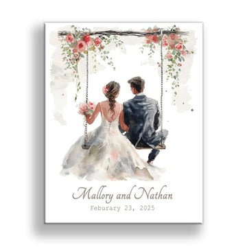Personalized Wedding Canvas Art – Bride and Groom Swinging on Rope Swing with Foliage, Customizable Names and Wedding Date – Perfect Wedding Sign, Gift Table Sign – 14x11 or 16x20 inches, Made in USA