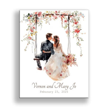 Personalized Wedding Canvas Art – Bride and Groom Swinging on Rope Swing with Foliage, Customizable Names and Wedding Date – Perfect Wedding Sign, Gift Table Sign – 14x11 or 16x20 inches, Made in USA