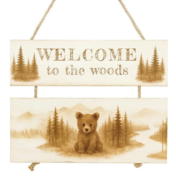 Welcome to the Woods Bear Rope Sign – Rustic Woodland Nursery Wall Decor, Composite Wood Hanging Sign with Rope, Cabin or Lodge Decoration