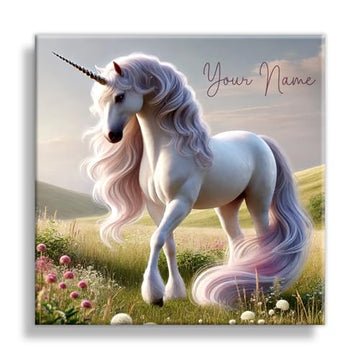 Customizable Unicorn Canvas Wall Art – 10"x10" Personalized Name Sign for Girls’ Room – Cute Majestic Unicorn with Pastel Flowers – Perfect Nursery Decor, Fairy Tale, Princess & Magical Theme Wall Art (10x10 inch)
