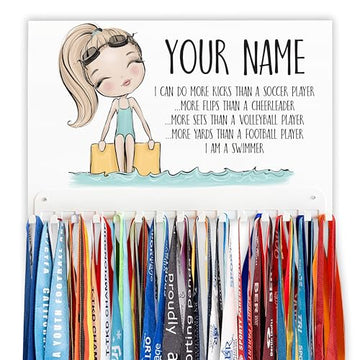 Swimming Medal Holder to Elegantly Display Your Swimmers Achievements – Choose from 7 Unique Character Illustrations – Holds Ribbons & Up to 48 Medals (Blond Hair)