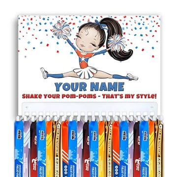 Personalized Cheerleader Medal Holder Sign for Girls – 20 Hooks Holds 48 Medals – Custom Name Cheerleading Award Display Rack – 17x12” UV Printed PVC Wall Sign – Gift for Cheerleader (Black Hair)