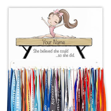 Custom Name Gymnastics Medal Holder with Adorable Illustrated Gymnast | 5 Character Options | Made In USA | Holds Up to 48 Medals (Brunette)