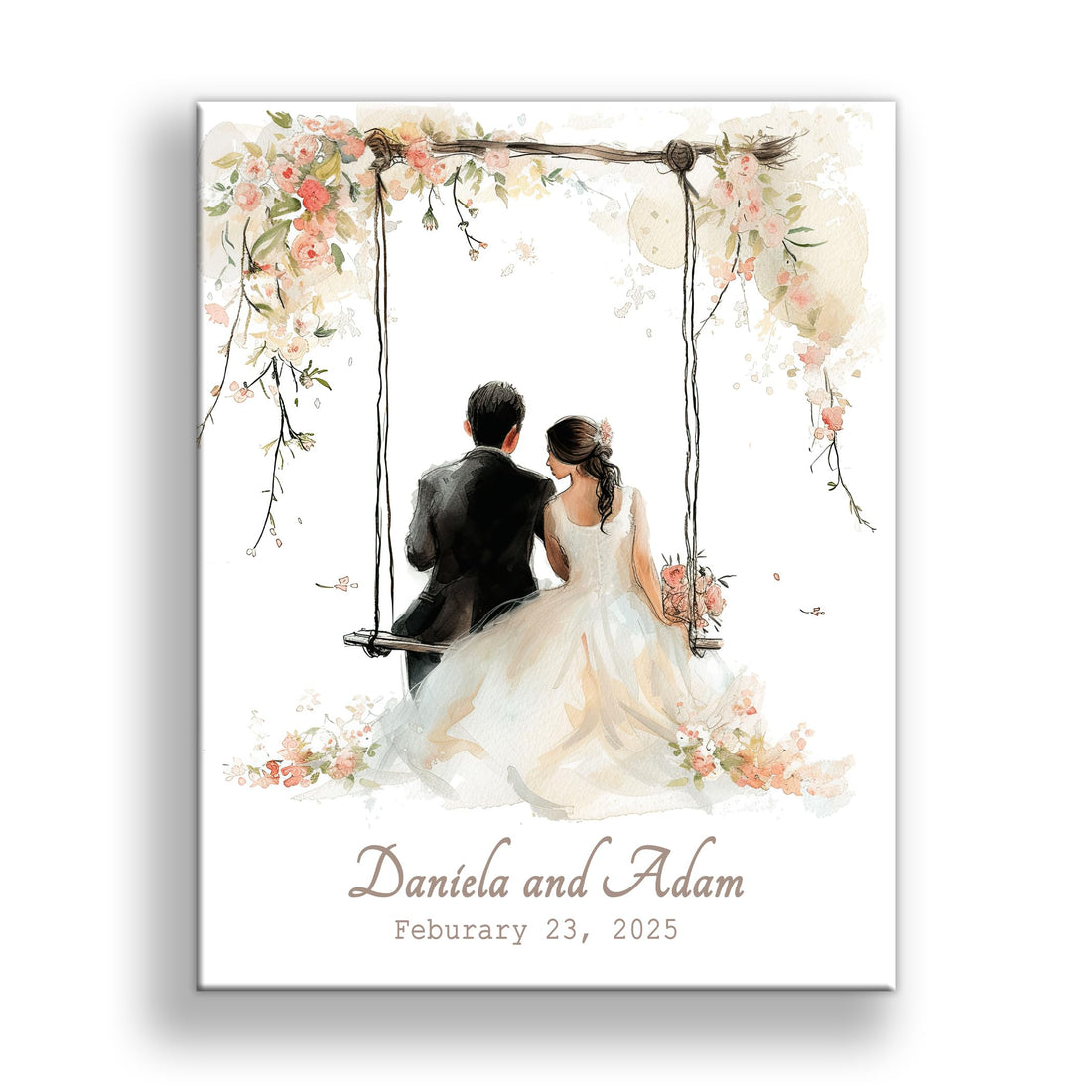 Personalized Wedding Canvas Art – Bride and Groom Swinging on Rope Swing with Foliage, Customizable Names and Wedding Date – Perfect Wedding Sign, Gift Table Sign – 14x11 or 16x20 inches, Made in USA