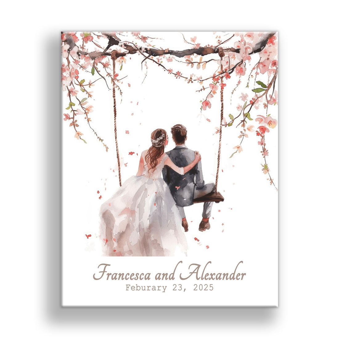Personalized Wedding Canvas Art – Bride and Groom Swinging on Rope Swing with Foliage, Customizable Names and Wedding Date – Perfect Wedding Sign, Gift Table Sign – 14x11 or 16x20 inches, Made in USA
