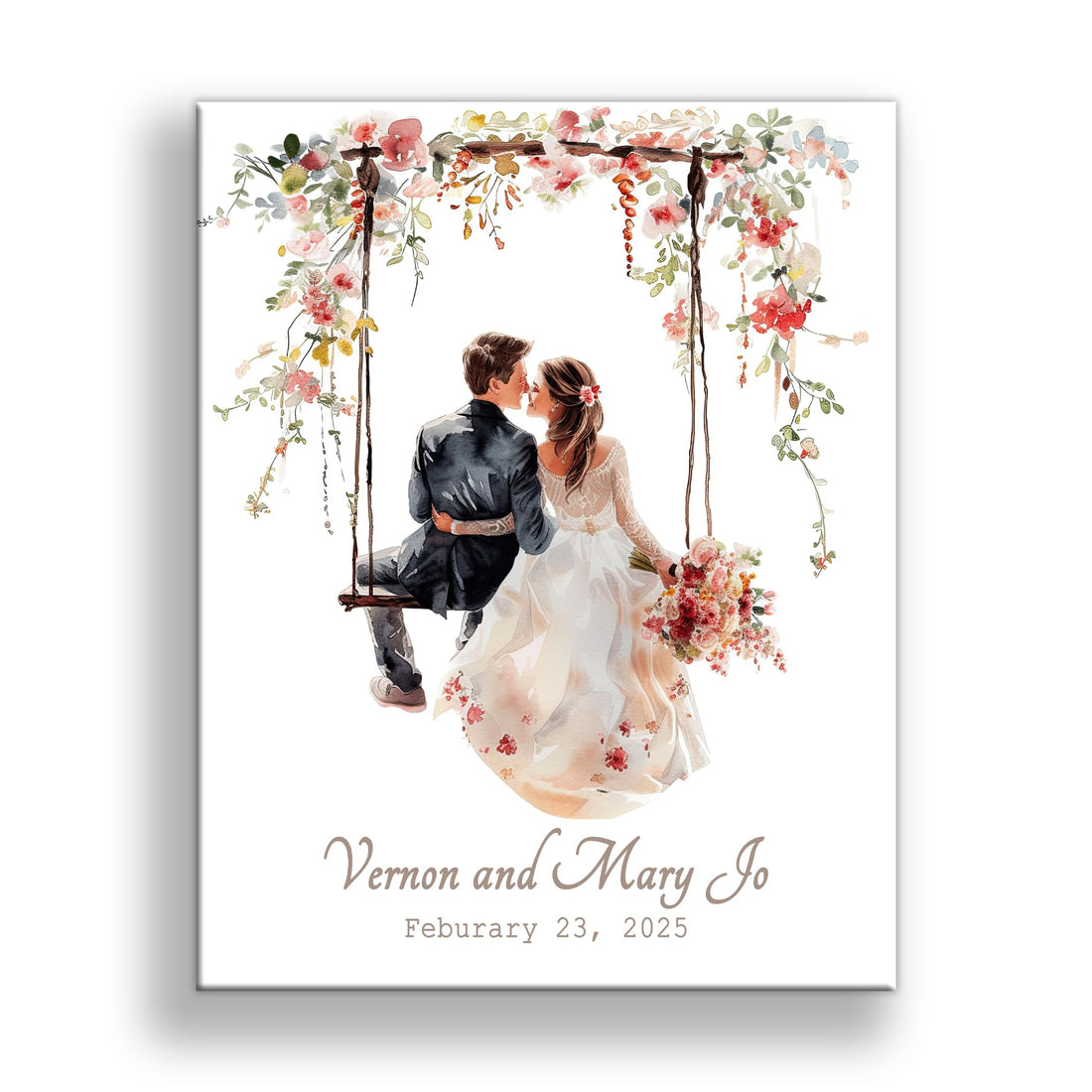 Personalized Wedding Canvas Art – Bride and Groom Swinging on Rope Swing with Foliage, Customizable Names and Wedding Date – Perfect Wedding Sign, Gift Table Sign – 14x11 or 16x20 inches, Made in USA