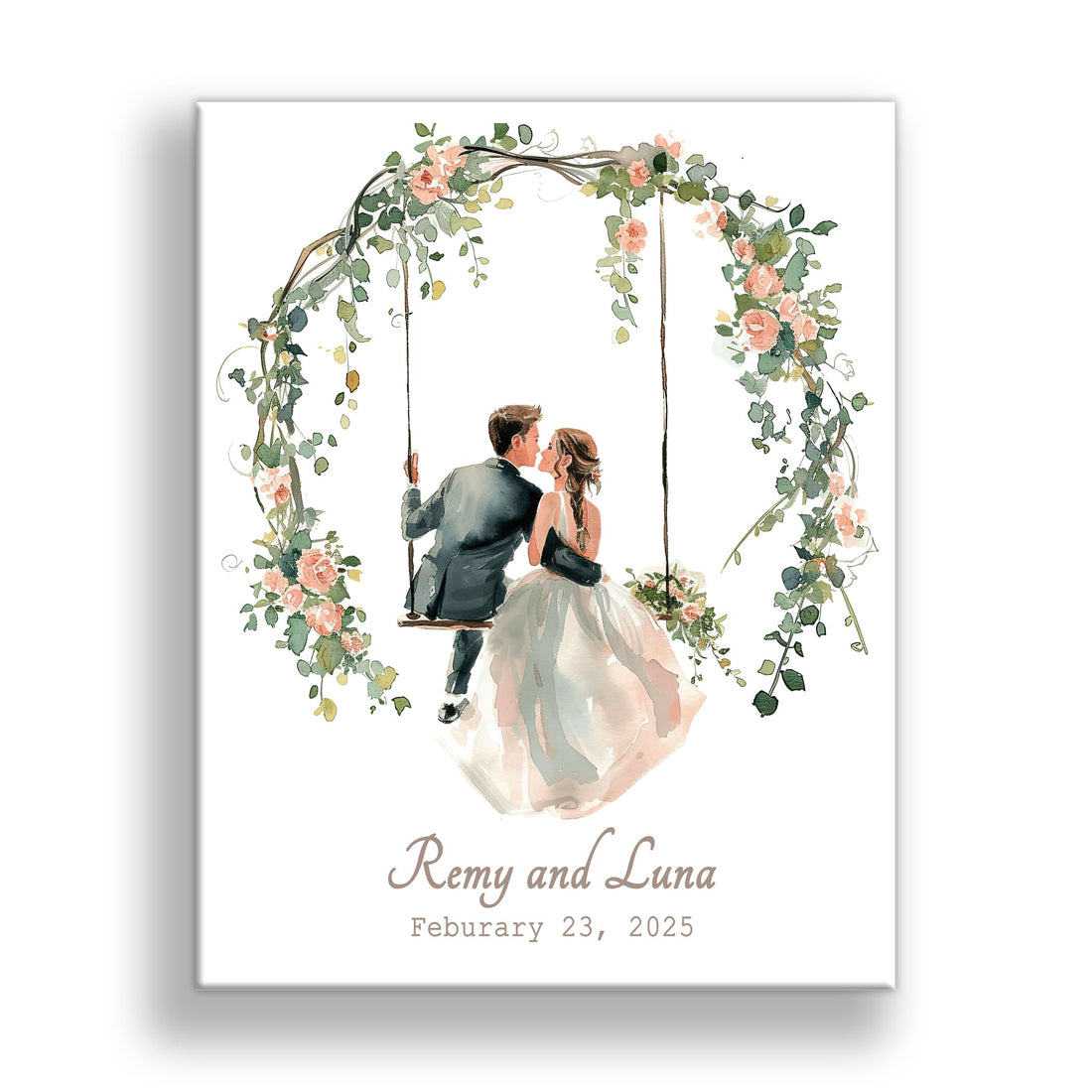 Personalized Wedding Canvas Art – Bride and Groom Swinging on Rope Swing with Foliage, Customizable Names and Wedding Date – Perfect Wedding Sign, Gift Table Sign – 14x11 or 16x20 inches, Made in USA