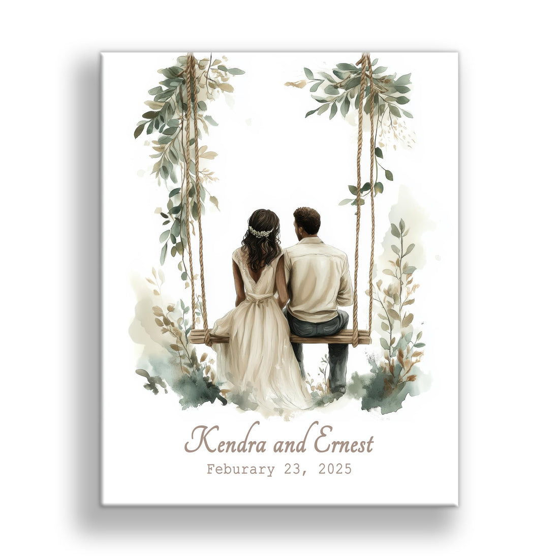 Personalized Wedding Canvas Art – Bride and Groom Swinging on Rope Swing with Foliage, Customizable Names and Wedding Date – Perfect Wedding Sign, Gift Table Sign – 14x11 or 16x20 inches, Made in USA