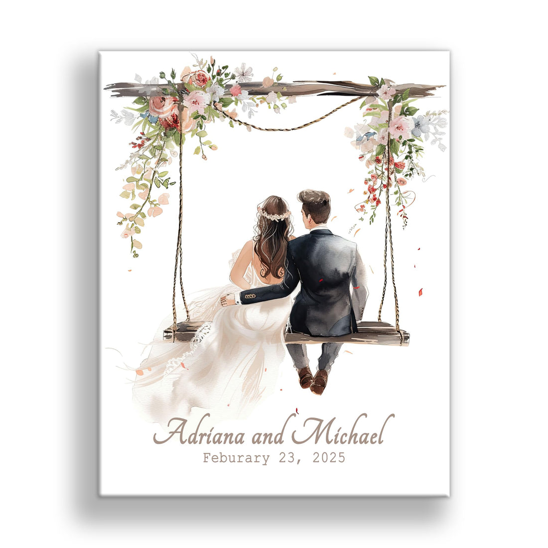 Personalized Wedding Canvas Art – Bride and Groom Swinging on Rope Swing with Foliage, Customizable Names and Wedding Date – Perfect Wedding Sign, Gift Table Sign – 14x11 or 16x20 inches, Made in USA