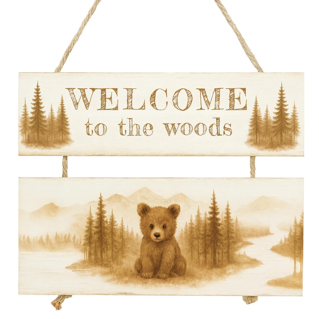 Welcome to the Woods Bear Rope Sign – Rustic Woodland Nursery Wall Decor, Composite Wood Hanging Sign with Rope, Cabin or Lodge Decoration