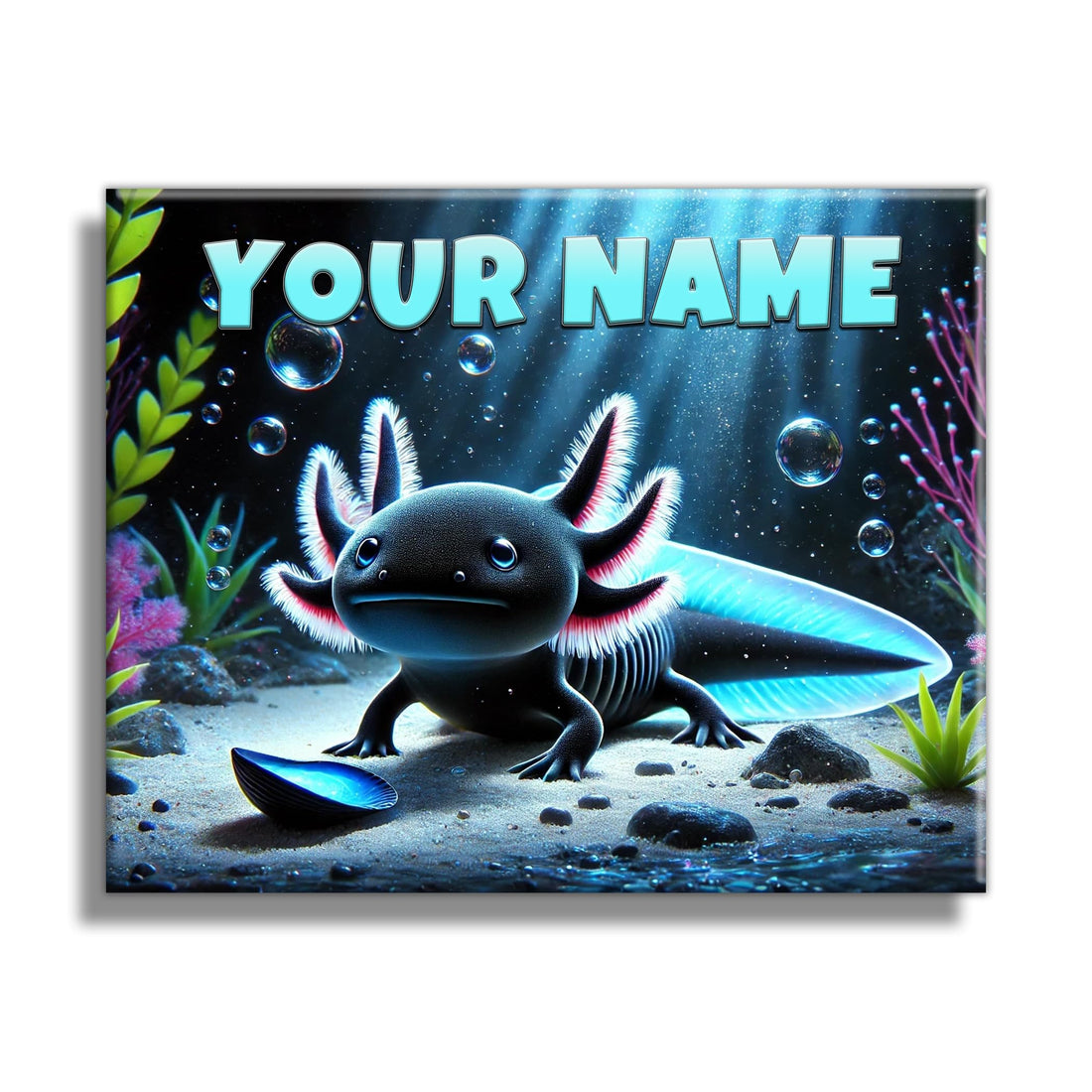 Custom Axolotl Name Sign – Black Salamander Wall Art for Boys & Girls – Personalized Axolotl Decor for Kids’ Room – Cute Amphibian or Reptile Canvas Print – 20x16" or 14x11" USA Made (14x11 inch)