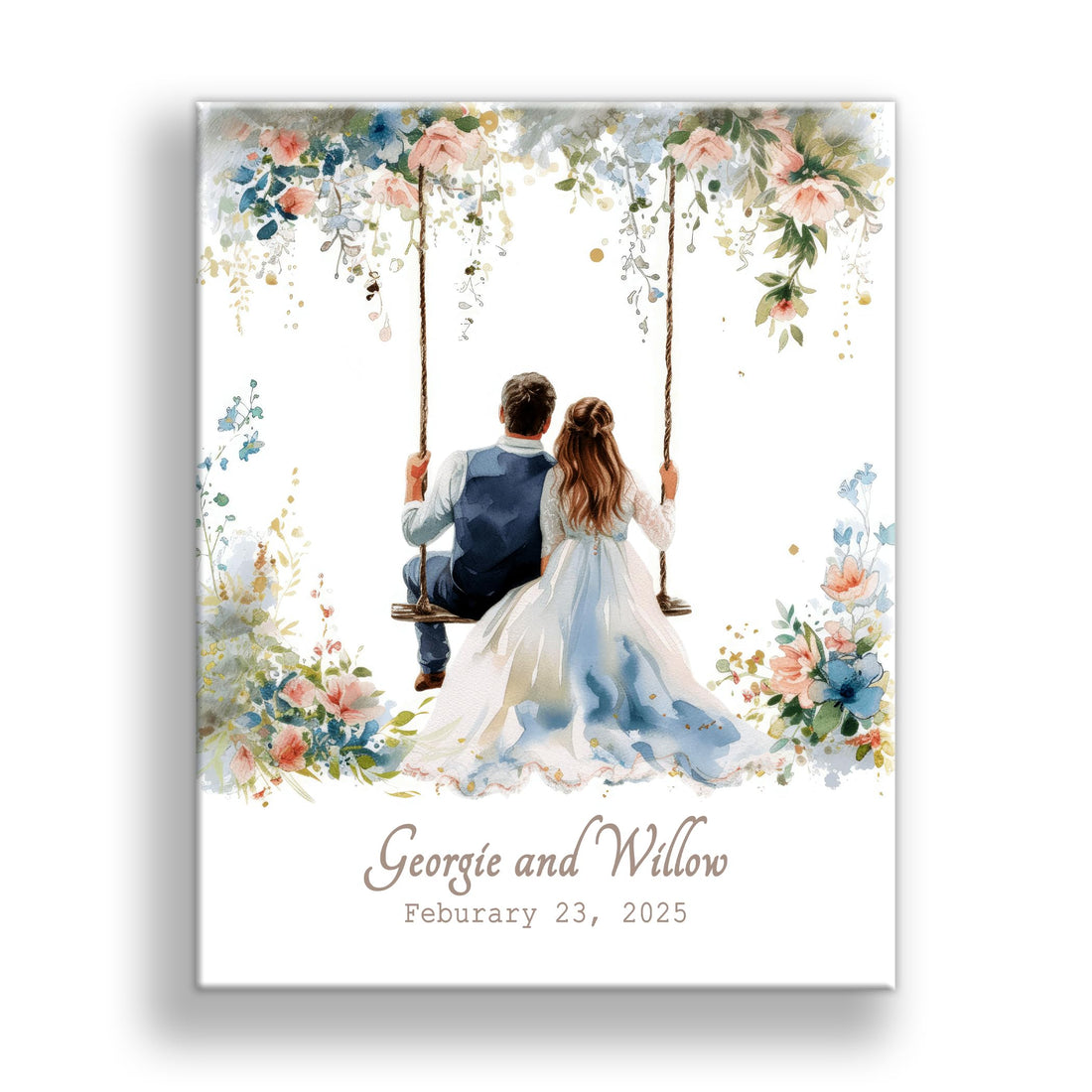 Personalized Wedding Canvas Art – Bride and Groom Swinging on Rope Swing with Foliage, Customizable Names and Wedding Date – Perfect Wedding Sign, Gift Table Sign – 14x11 or 16x20 inches, Made in USA