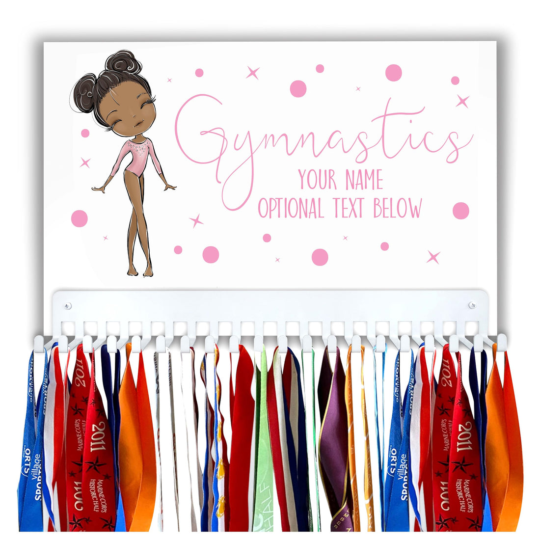 Gymnastics Medal Hanger Display Wall with Custom Name and Team | Illustrated Gymnast | Made In USA | Holder For Up to 60 Medals | 5 Character Options