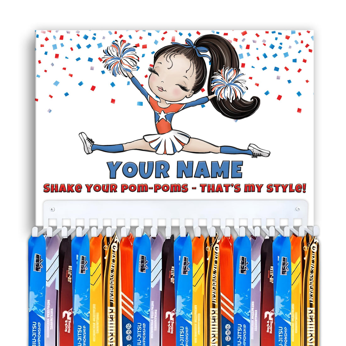 Personalized Cheerleader Medal Holder Sign for Girls – 20 Hooks Holds 48 Medals – Custom Name Cheerleading Award Display Rack – 17x12” UV Printed PVC Wall Sign – Gift for Cheerleader (Black Hair)