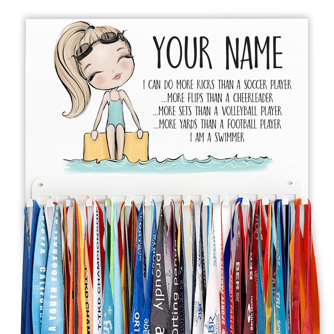 Swimming Medal Holder to Elegantly Display Your Swimmers Achievements – Choose from 7 Unique Character Illustrations – Holds Ribbons & Up to 48 Medals (Blond Hair)