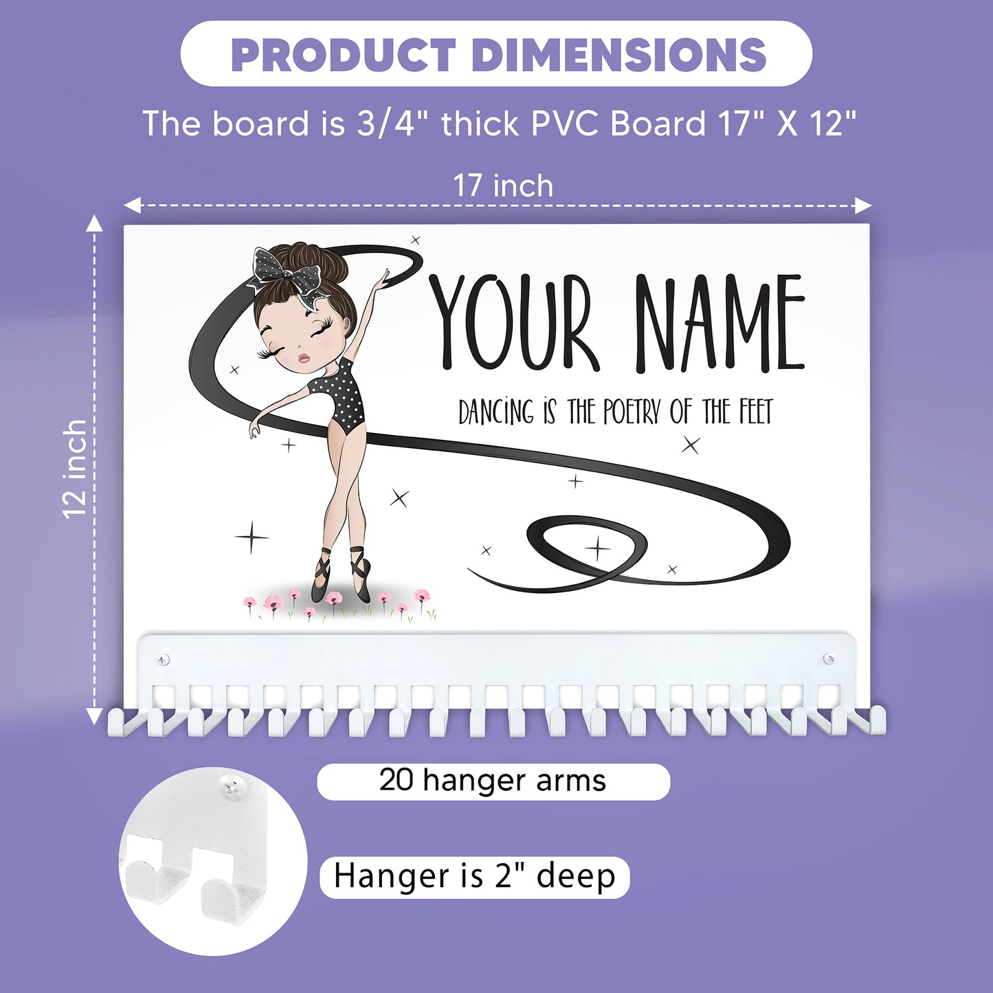 Dancer Medal Hanger Sign with Personalized Name, in Black Leotard and Ribbon