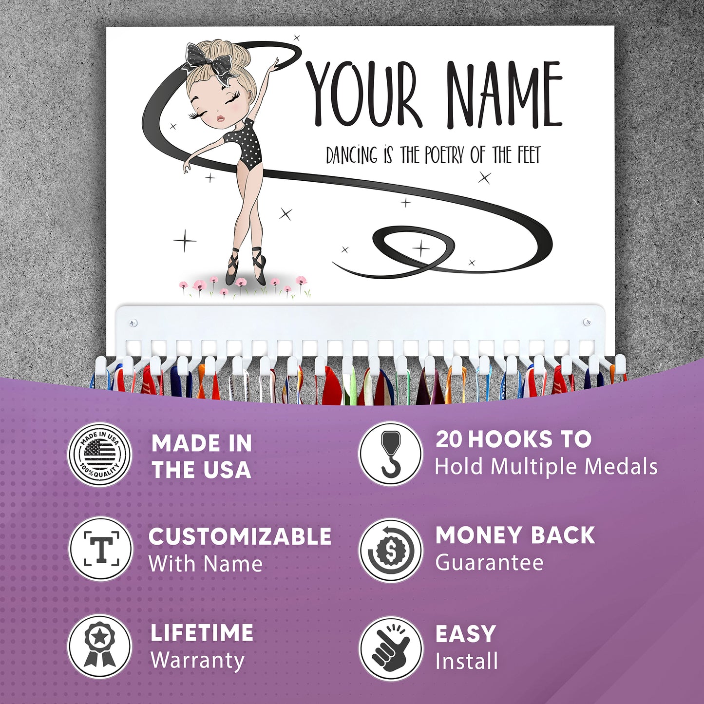 Dancer Medal Hanger Sign with Personalized Name, in Black Leotard and Ribbon