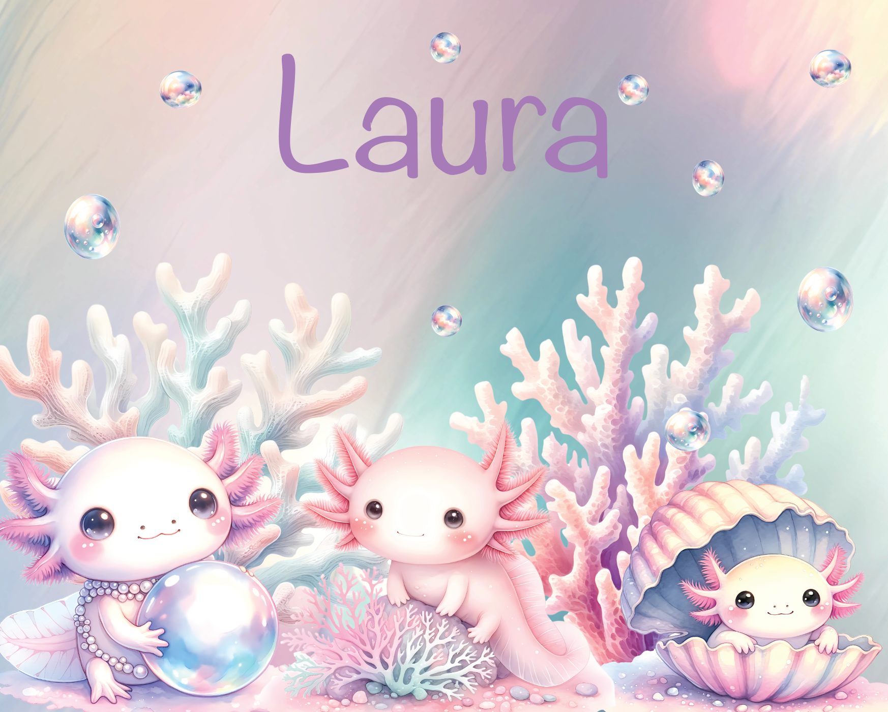 Personalized pastel canvas featuring the name "Laura" in a playful purple font, surrounded by an enchanting underwater scene. Three adorable, pink axolotls with expressive eyes are depicted among soft-hued coral, shimmering bubbles, and a pearl-filled seashell. The dreamy watercolor-style artwork creates a whimsical oceanic theme, perfect for kids' room decor, nursery art, or a unique custom gift.