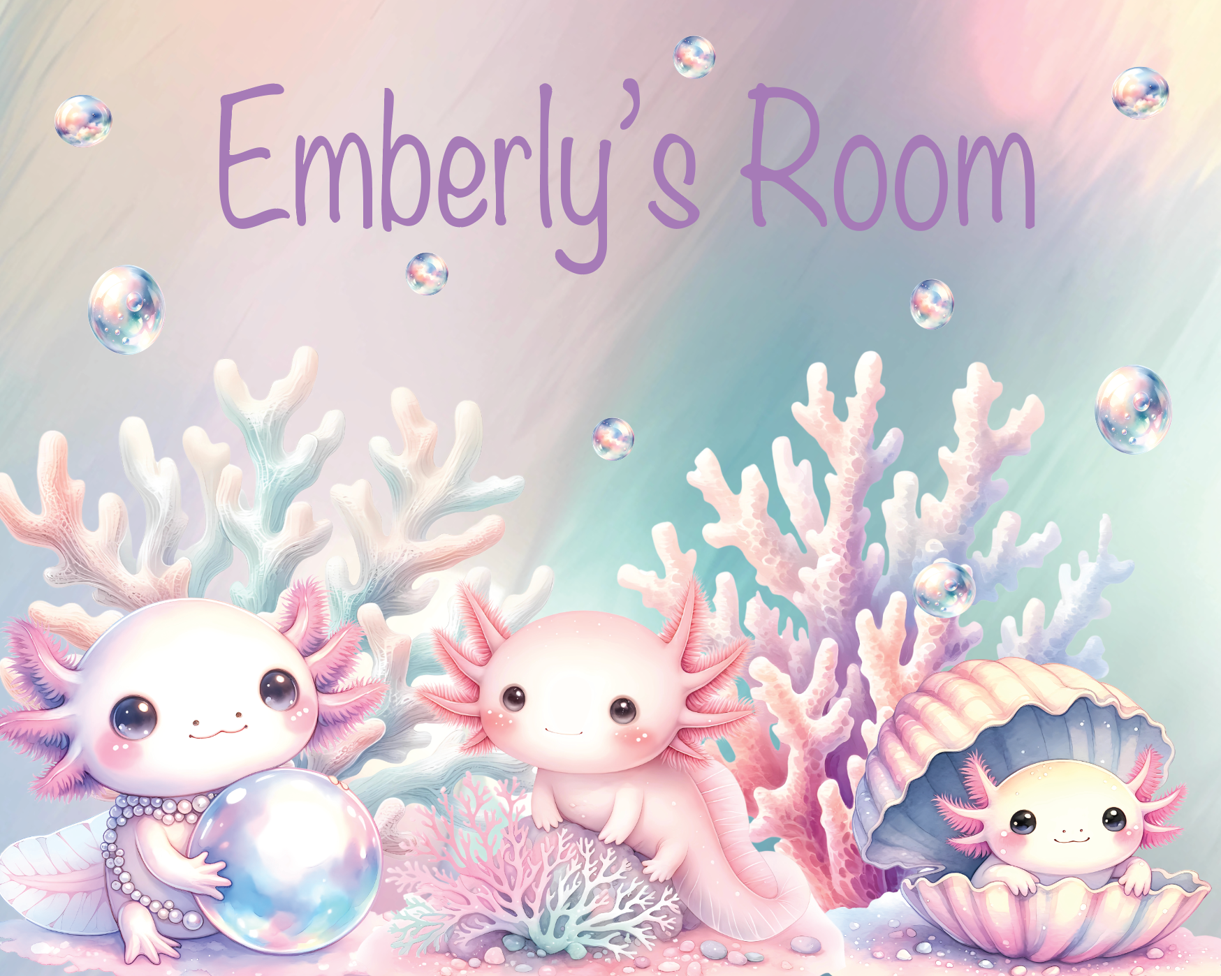 Personalized pastel canvas featuring the name "Eberly's Room" in a playful purple font, surrounded by an enchanting underwater scene. Three adorable, pink axolotls with expressive eyes are depicted among soft-hued coral, shimmering bubbles, and a pearl-filled seashell. The dreamy watercolor-style artwork creates a whimsical oceanic theme, perfect for girls' room decor, nursery art, axolotl room decor or a unique custom gift.