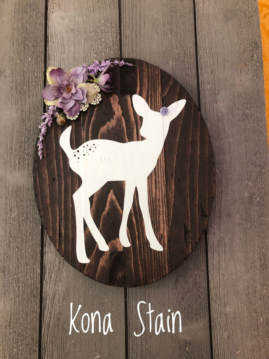 Fawn wall decor with purple floral arrangement, woodland nursery, deer nursery, oval sign