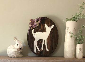 Fawn wall decor with purple floral arrangement, woodland nursery, deer nursery, oval sign