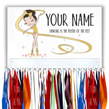 Dancer Medal Hanger Sign with Personalized Name, in Yellow Leotard with Ribbon