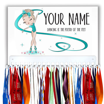 Dancer Medal Hanger Sign with Personalized Name, in Teal Leotard with Ribbon
