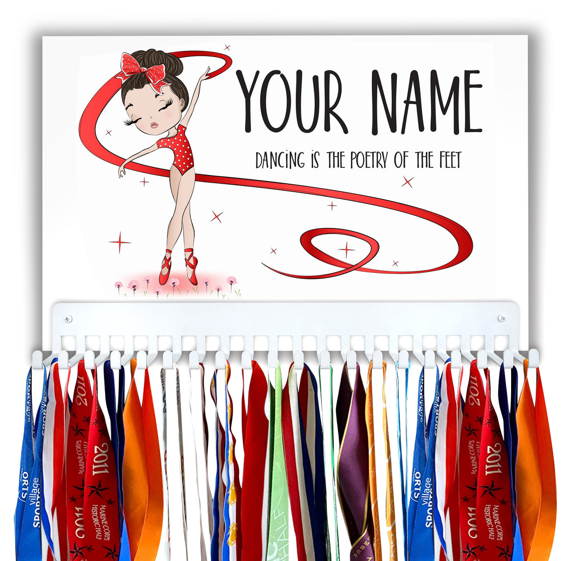 Dancer Medal Hanger Sign with Personalized Name, in Red Leotard with Ribbon