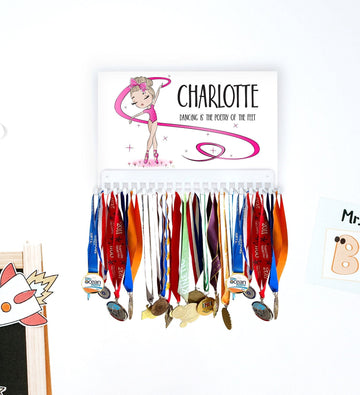 Dancer Medal Hanger Sign with Personalized Name, in Pink Leotard and Ribbon