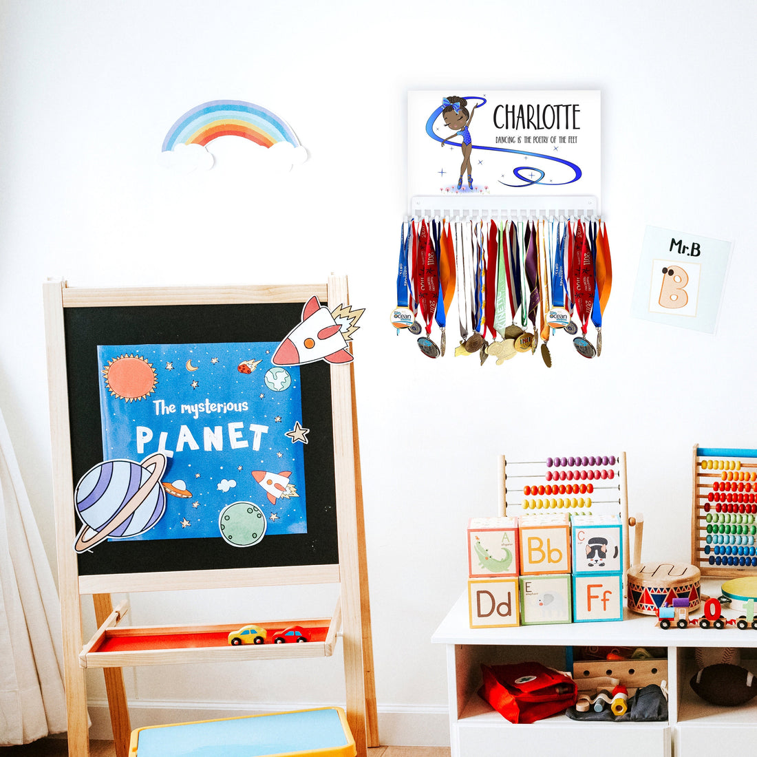 Dancer Medal Hanger Sign with Personalized Name, in Blue Leotard and Ribbon