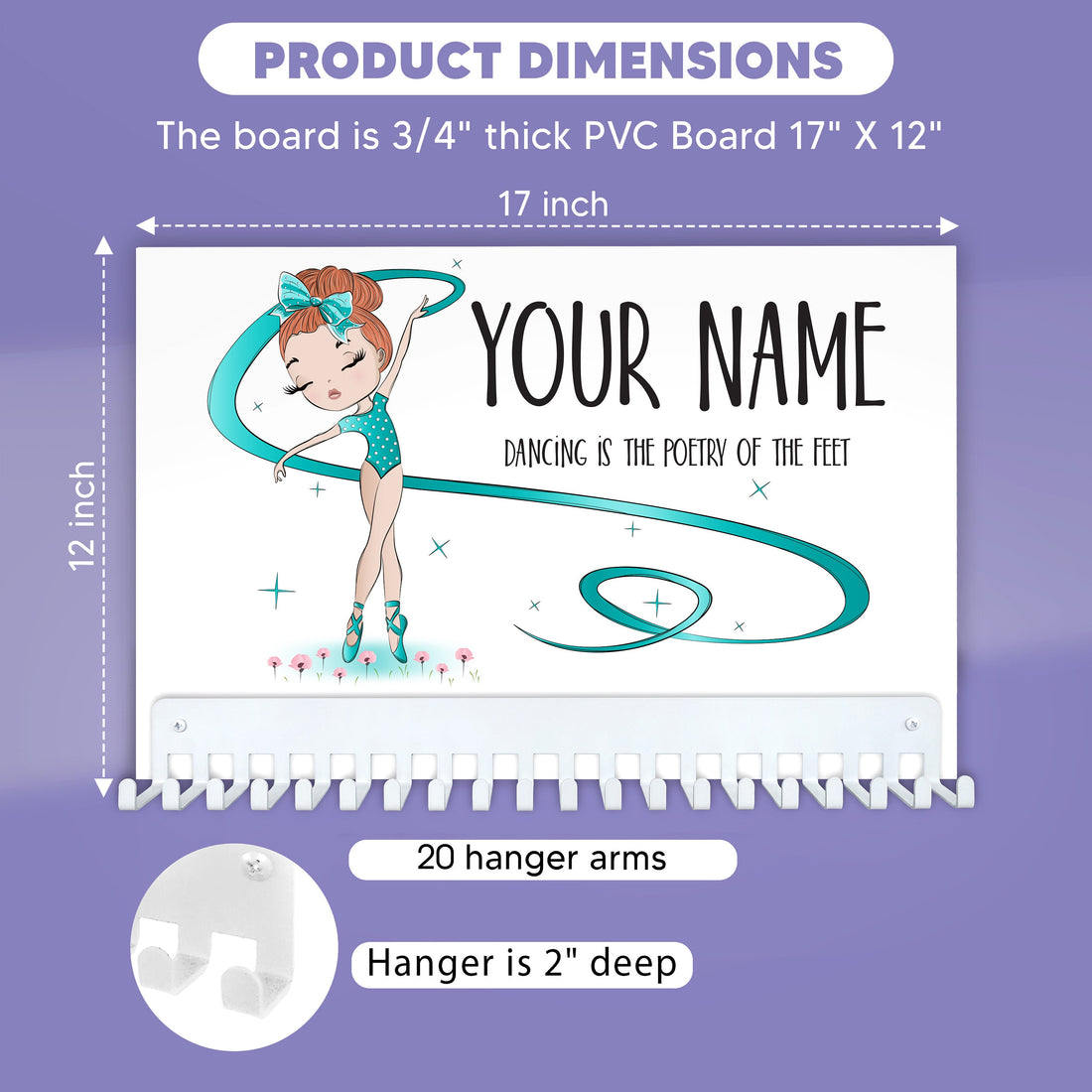 Dancer Medal Hanger Sign with Personalized Name, in Teal Leotard with Ribbon