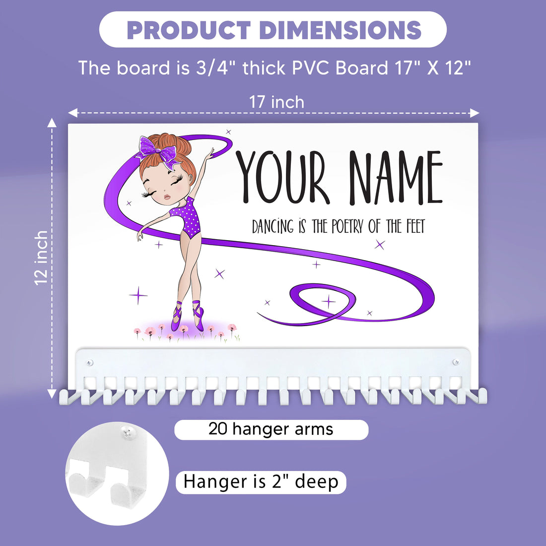Dancer Medal Hanger Sign with Personalized Name, in Purple Leotard and Ribbon