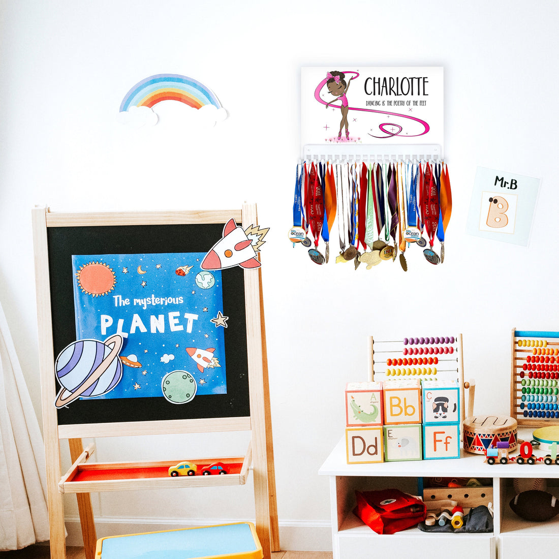 Dancer Medal Hanger Sign with Personalized Name, in Pink Leotard and Ribbon