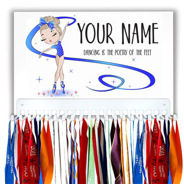 Dancer Medal Hanger Sign with Personalized Name, in Blue Leotard and Ribbon