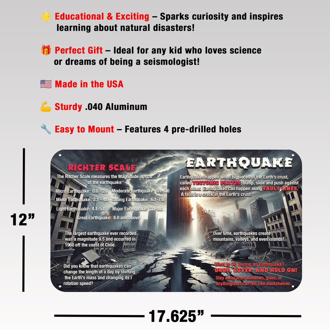 Educational Earthquake Facts Aluminum Sign: Science Classroom Decor