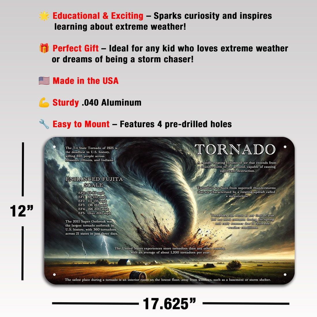 Educational Tornado Facts Aluminum Sign: Extreme Weather Decor