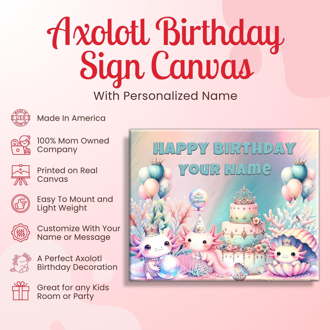 Personalized Axolotl Birthday Sign on Canvas, Axolotl Party Supplies