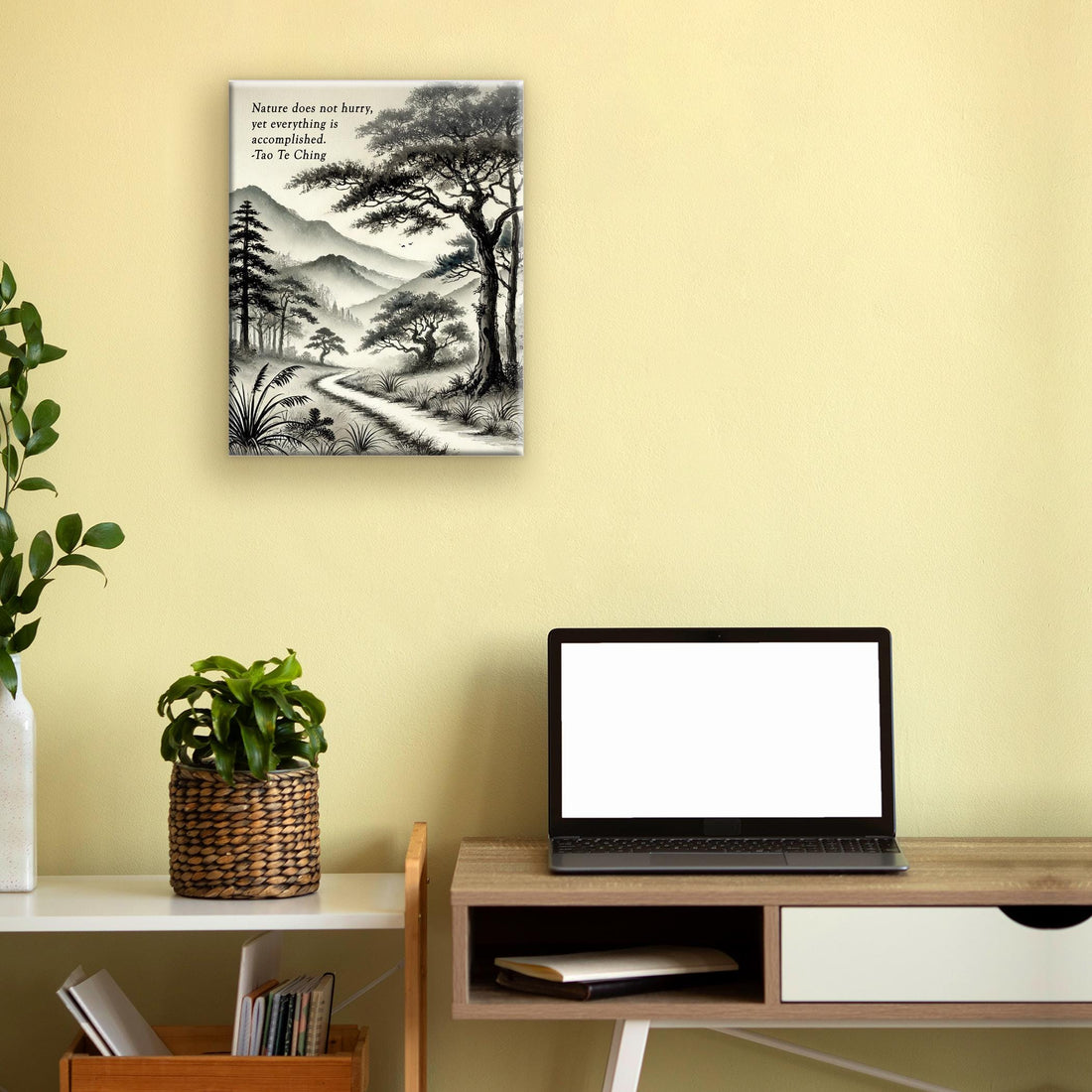 Zen Canvas Art: Sumi-e Ink Landscape with Tao Te Ching Quote