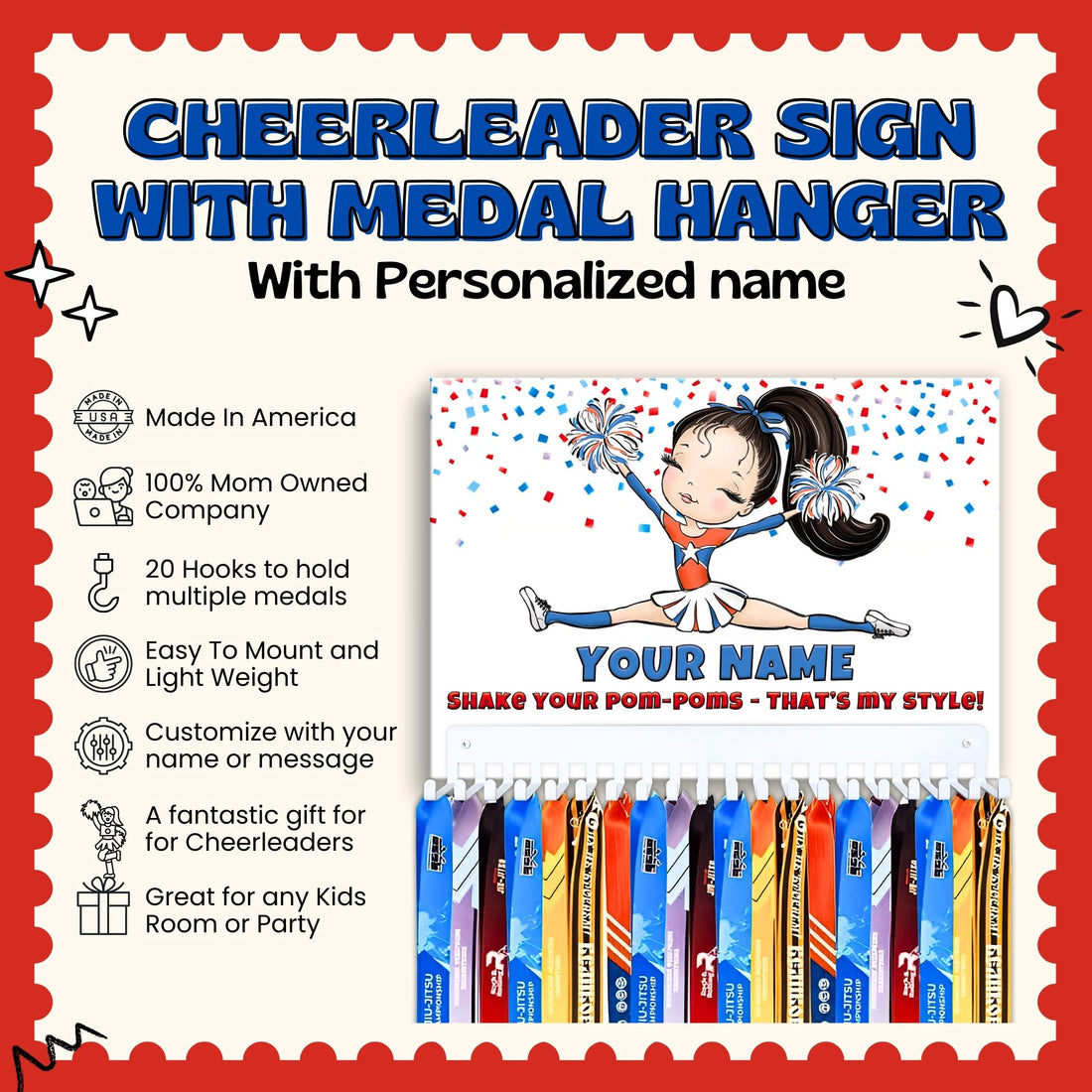 Personalized Cheerleader Medal Holder: UV Printed Award Display with 20 Hooks