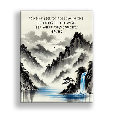 Japanese Blue Waterfall Canvas with Basho Quote