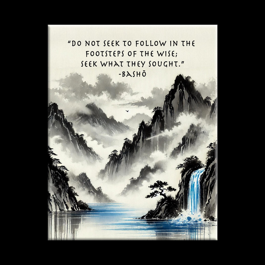 Japanese Blue Waterfall Canvas with Basho Quote