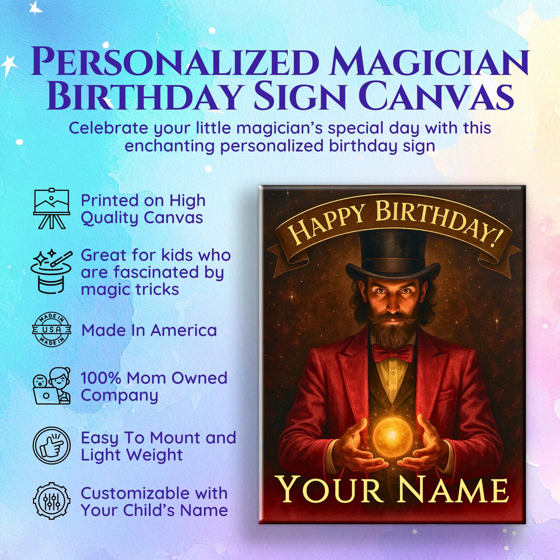 Personalized Magician Birthday Canvas Sign, Magic Party Entrance Decor, 2 sizes Available
